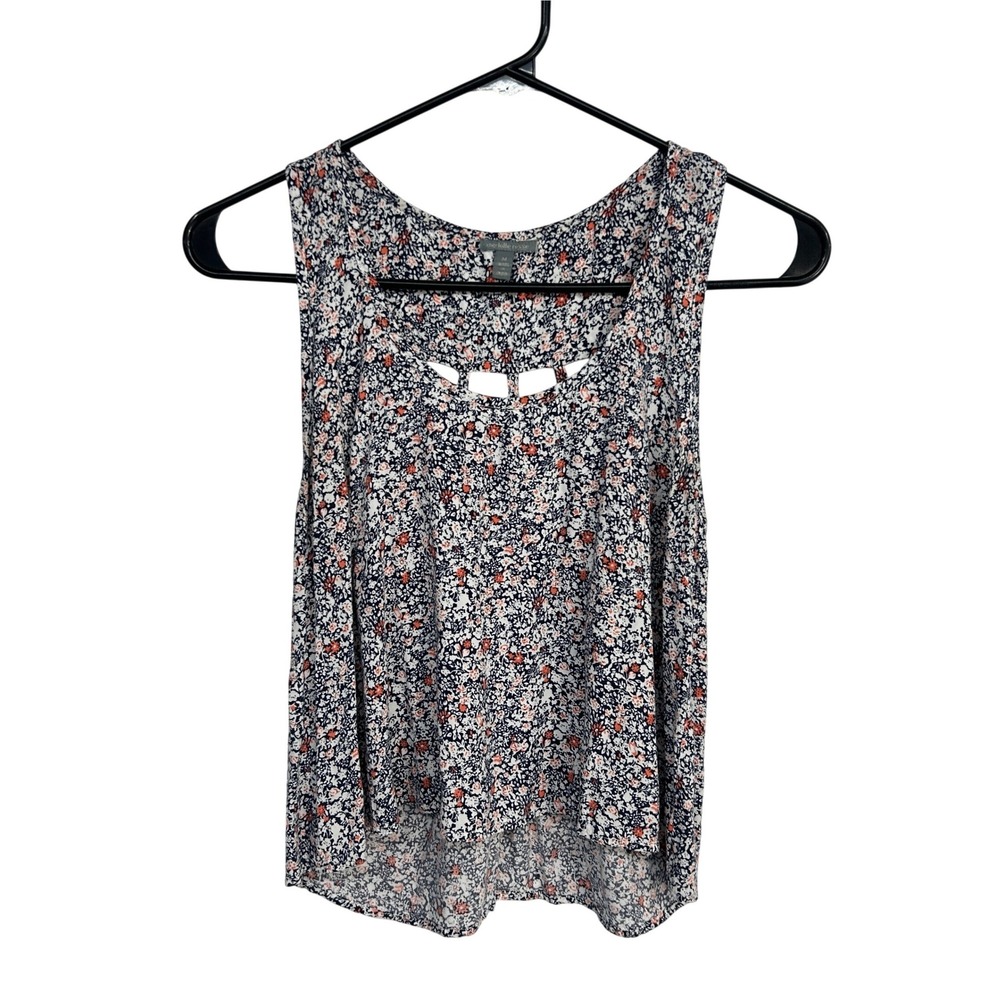 Floral Sleeveless Blouse Flowy Tank Top Medium Navy Cottagecore Boho Casual
